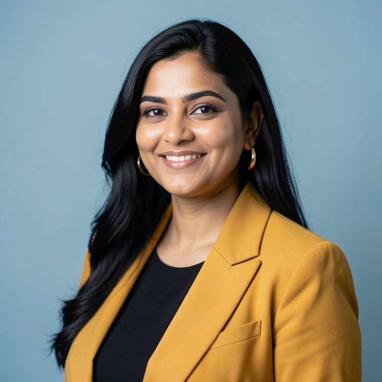 AI-generated portrait of Priya Nair, a fictional character